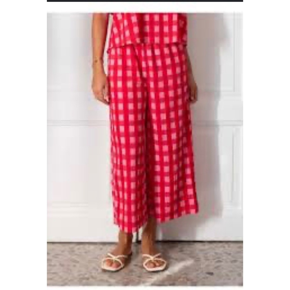 Mersea Veranda Pant XL Red Pink Gingham Smocked Waist Wide Leg Cropped NWT